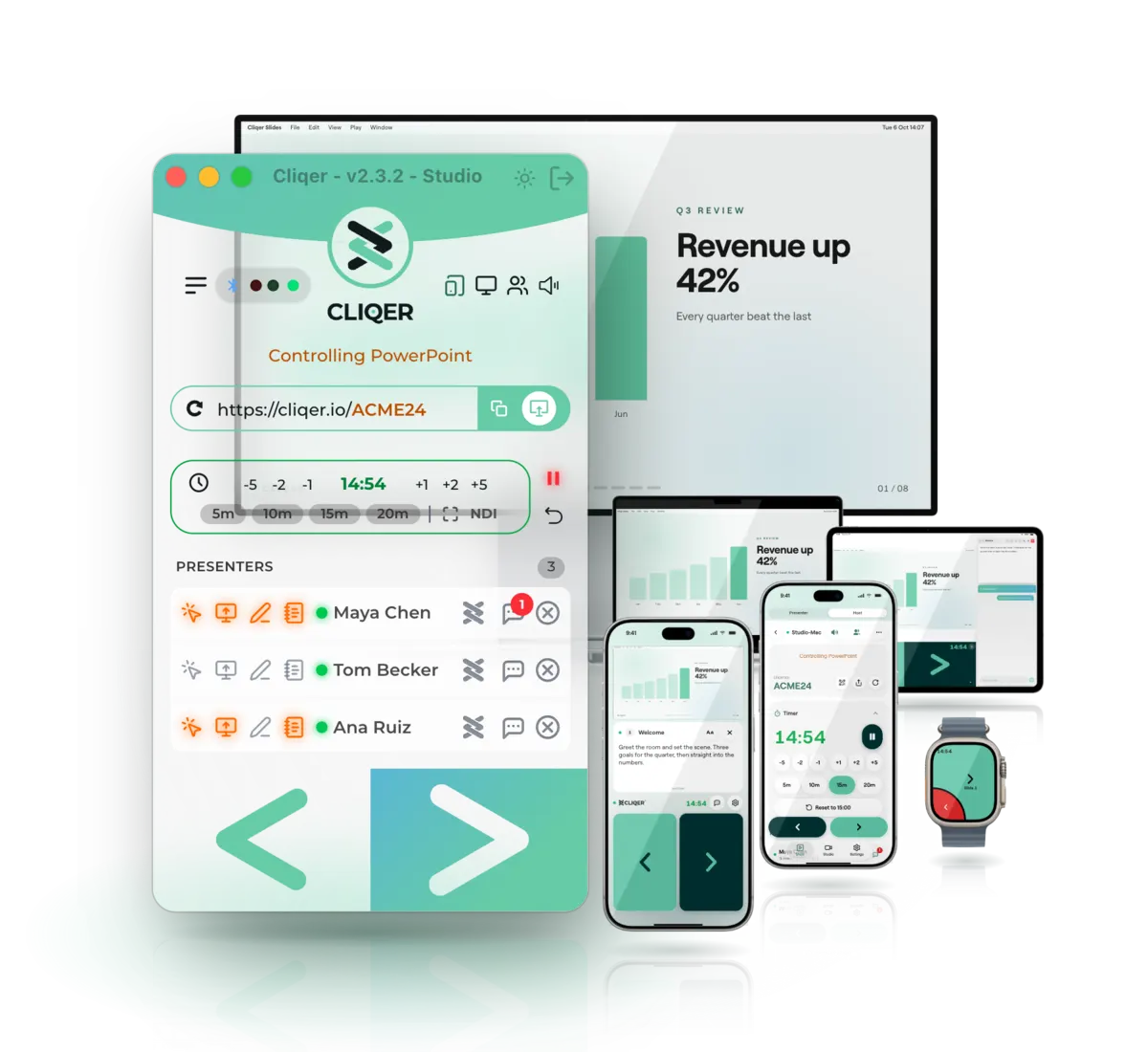 Cliqer host app beside a laptop, display, iPad, two iPhones and an Apple Watch running Cliqer
