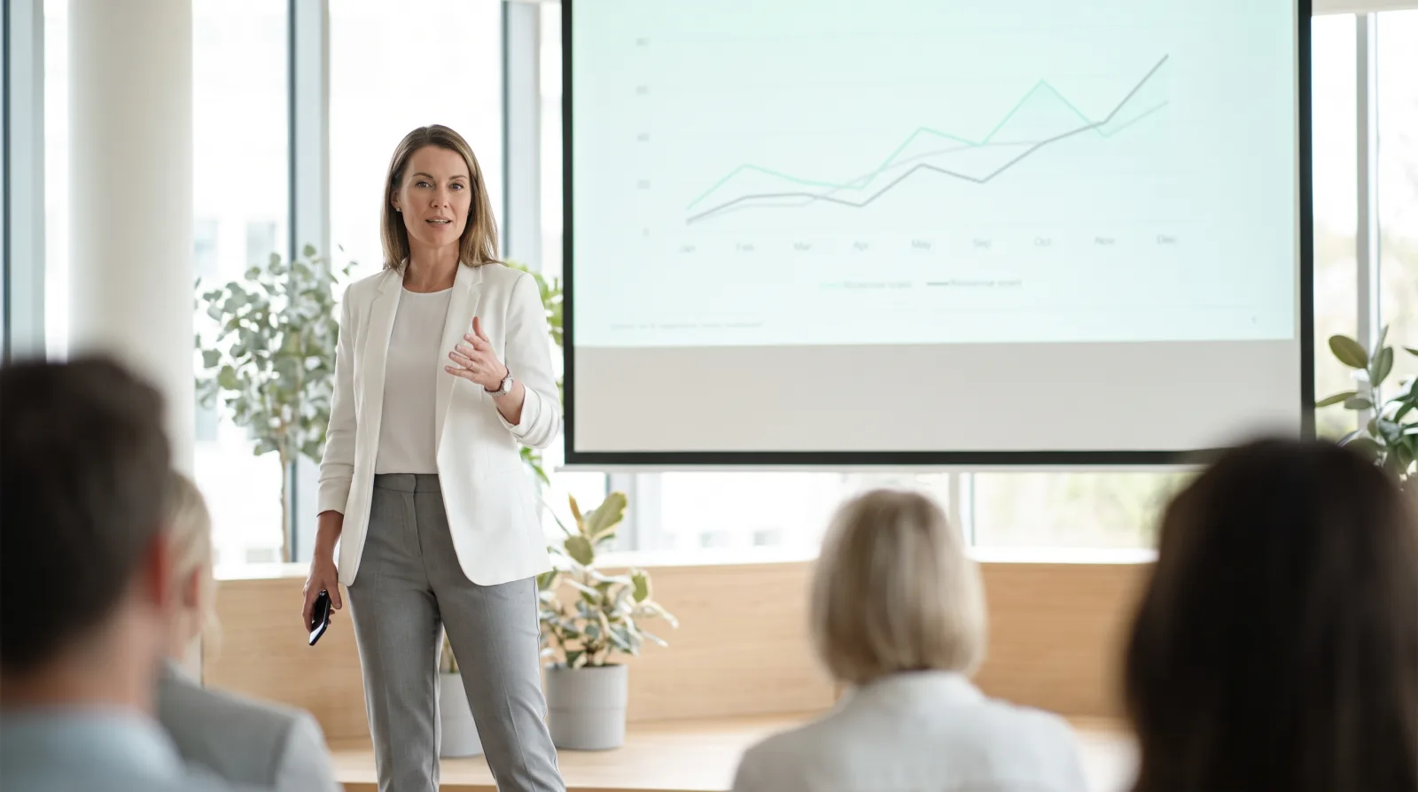 Presenter on a conference stage advancing slides with a phone as the presentation clicker