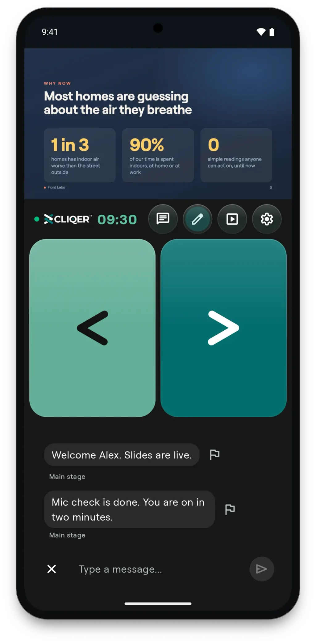Cliqer Remote on an Android phone: the chat with the host