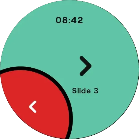 Cliqer Remote on a Wear OS watch: a large Next arrow, the slide number, the room timer and a red Back button